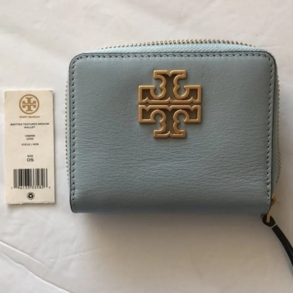 Tory Burch Britten Textured Leather Medium Blue Zip Around Wallet
